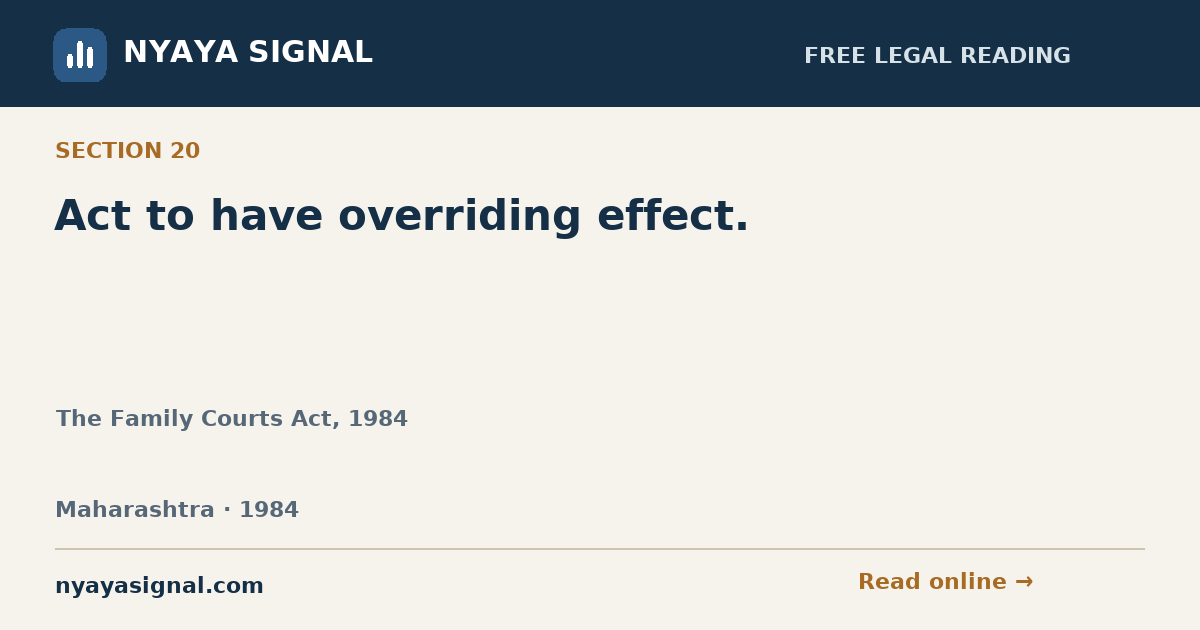 Section 20 — Act to have overriding effect. | The Family Courts Act, 1984 | NYAYA SIGNAL
