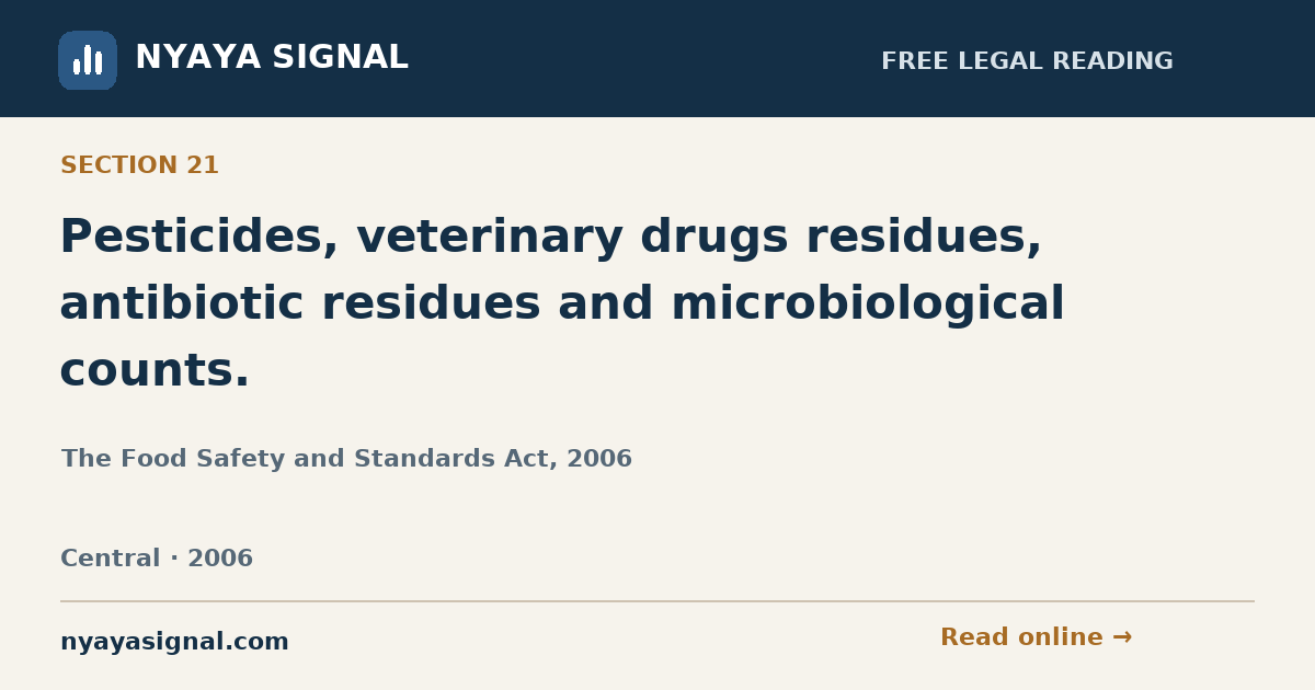 Section 21 — Pesticides, veterinary drugs residues, antibiotic residues and microbiological counts. | The Food Safety and Standards Act, 2006 | NYAYA SIGNAL