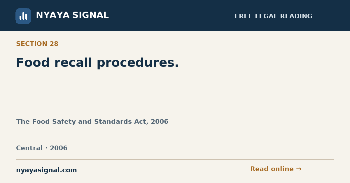 Section 28 — Food recall procedures. | The Food Safety and Standards Act, 2006 | NYAYA SIGNAL