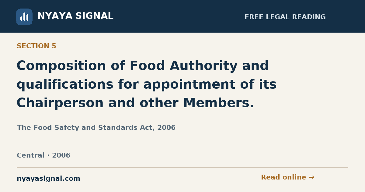 Section 5 — Composition of Food Authority and qualifications for appointment of its Chairperson and other Members. | The Food Safety and Standards Act, 2006 | NYAYA SIGNAL