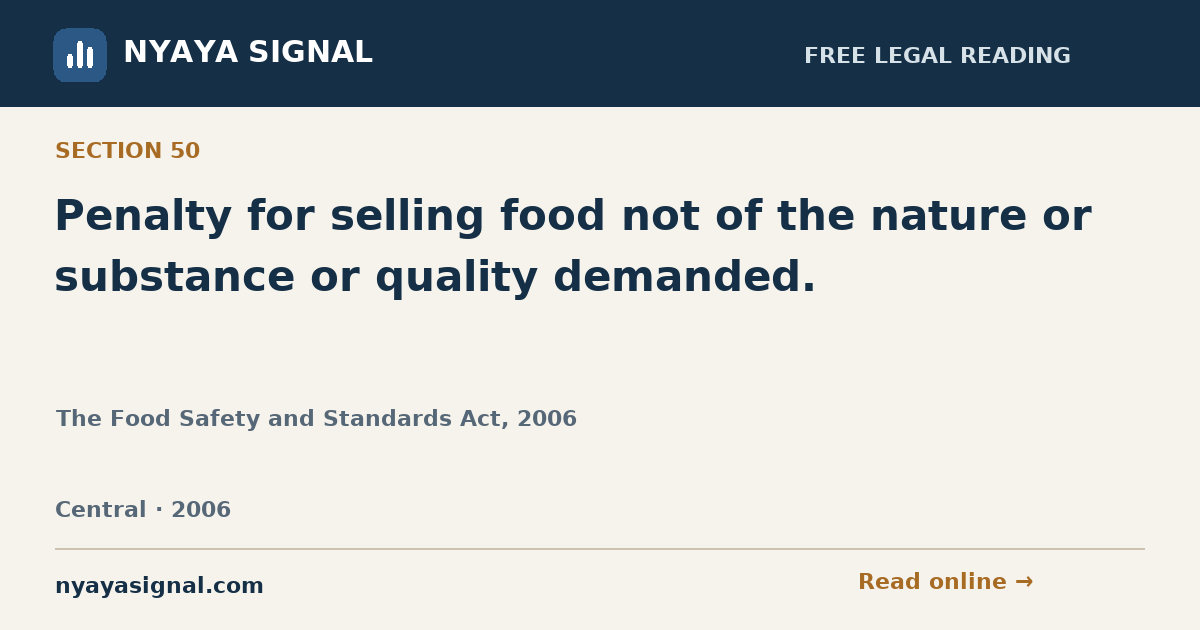 Section 50 — Penalty for selling food not of the nature or substance or quality demanded. | The Food Safety and Standards Act, 2006 | NYAYA SIGNAL