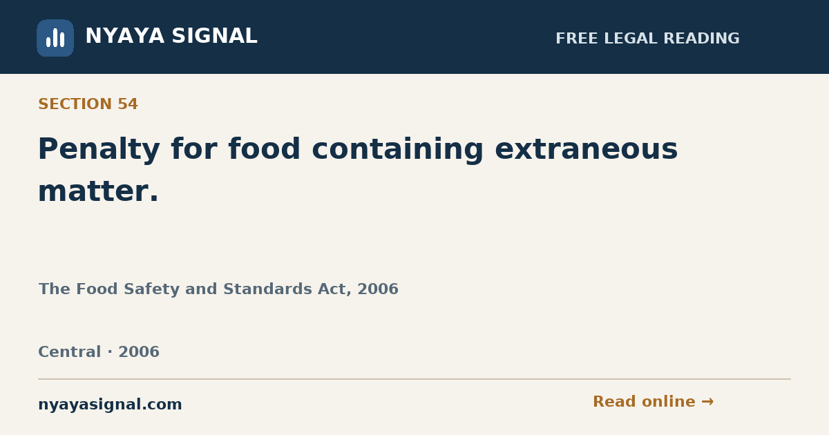 Section 54 — Penalty for food containing extraneous matter. | The Food Safety and Standards Act, 2006 | NYAYA SIGNAL