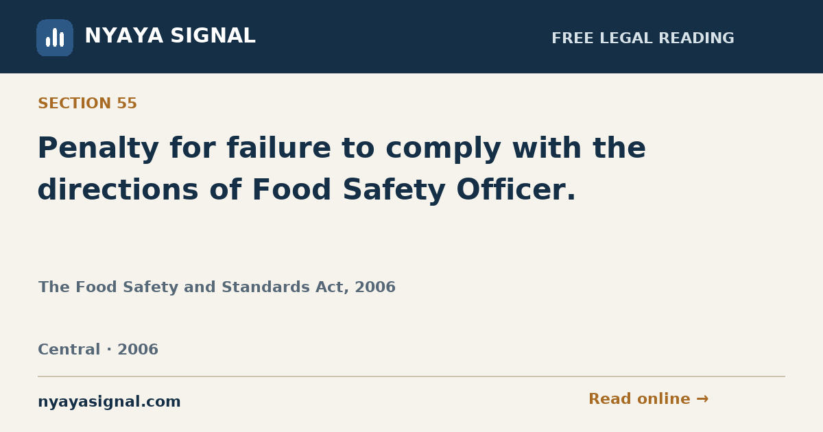 Section 55 — Penalty for failure to comply with the directions of Food Safety Officer. | The Food Safety and Standards Act, 2006 | NYAYA SIGNAL