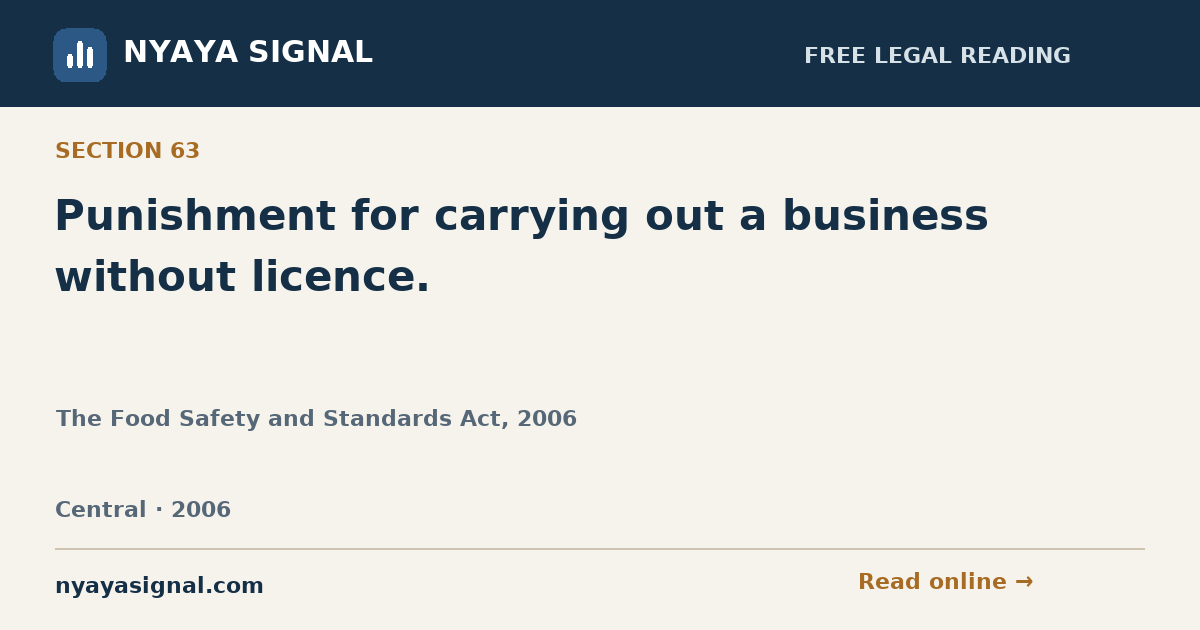 Section 63 — Punishment for carrying out a business without licence. | The Food Safety and Standards Act, 2006 | NYAYA SIGNAL