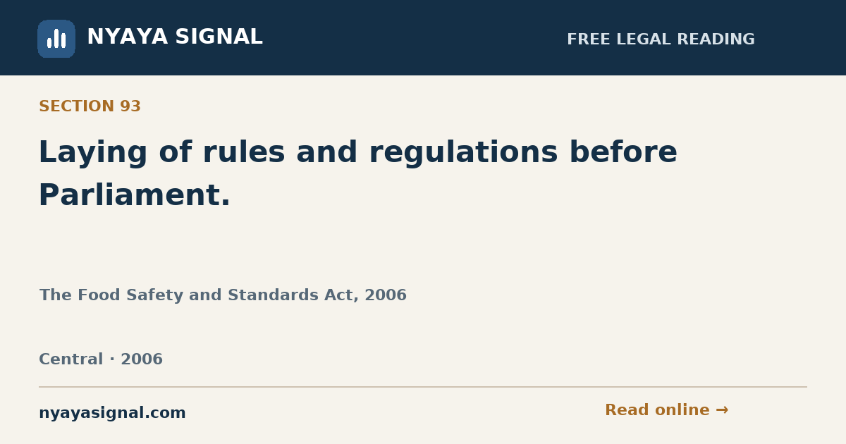 Section 93 — Laying of rules and regulations before Parliament. | The Food Safety and Standards Act, 2006 | NYAYA SIGNAL