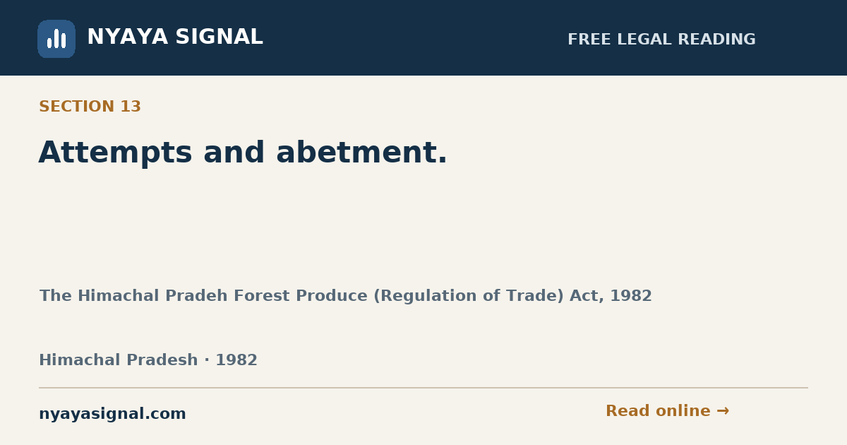 Section 13 — Attempts and abetment. | The Himachal Pradeh Forest Produce (Regulation of Trade) Act, 1982 | NYAYA SIGNAL