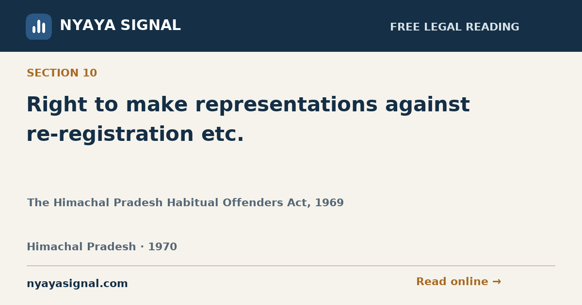 Section 10 — Right to make representations against re-registration etc. | The Himachal Pradesh Habitual Offenders Act, 1969 | NYAYA SIGNAL