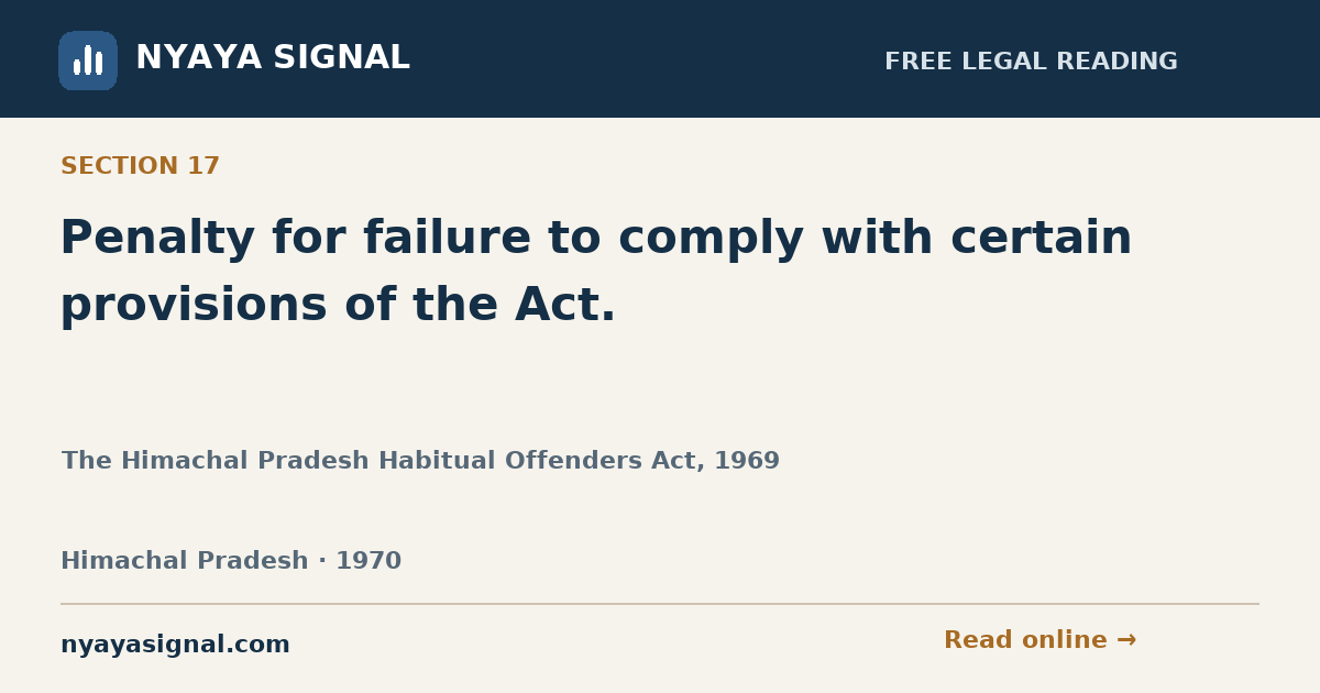 Section 17 — Penalty for failure to comply with certain provisions of the Act. | The Himachal Pradesh Habitual Offenders Act, 1969 | NYAYA SIGNAL