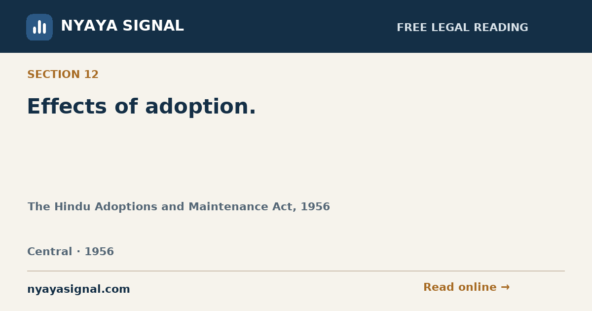 Section 12 — Effects of adoption. | The Hindu Adoptions and Maintenance Act, 1956 | NYAYA SIGNAL