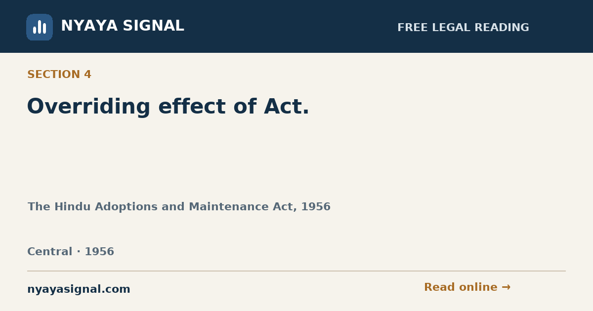 Section 4 — Overriding effect of Act. | The Hindu Adoptions and Maintenance Act, 1956 | NYAYA SIGNAL