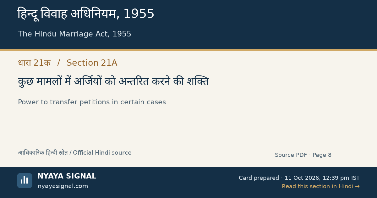 हिन्दू विवाह अधिनियम, 1955 — धारा 21क — कुछ मामलों में अर्जियों को अन्तरित करने की शक्ति | NYAYA SIGNAL