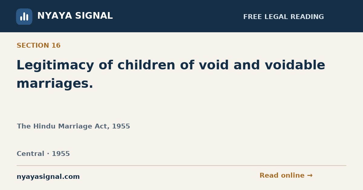 Section 16 — Legitimacy of children of void and voidable marriages. | The Hindu Marriage Act, 1955 | NYAYA SIGNAL