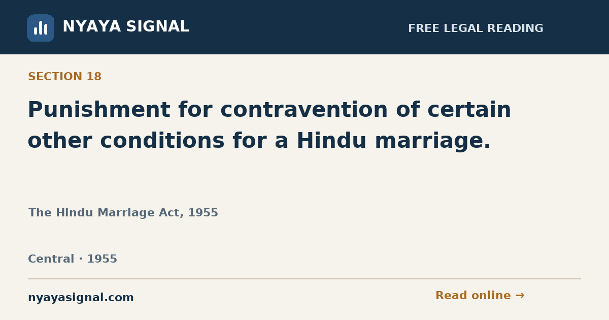 Section 18 — Punishment for contravention of certain other conditions for a Hindu marriage. | The Hindu Marriage Act, 1955 | NYAYA SIGNAL