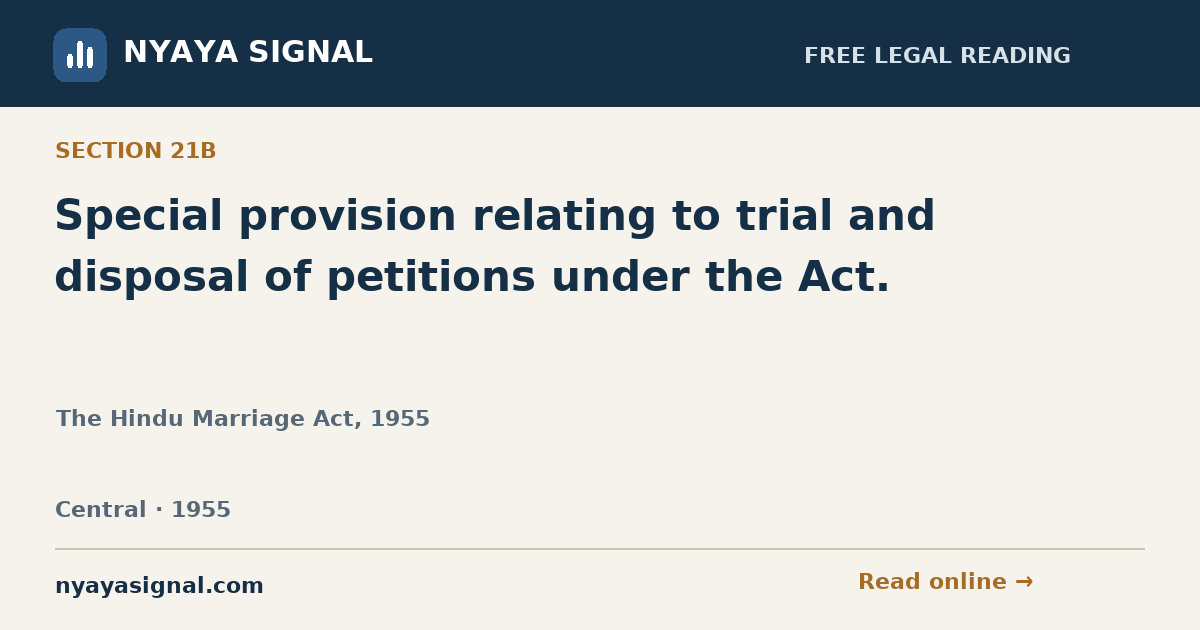 Section 21B — Special provision relating to trial and disposal of petitions under the Act. | The Hindu Marriage Act, 1955 | NYAYA SIGNAL