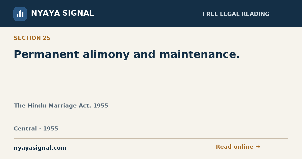 Section 25 — Permanent alimony and maintenance. | The Hindu Marriage Act, 1955 | NYAYA SIGNAL