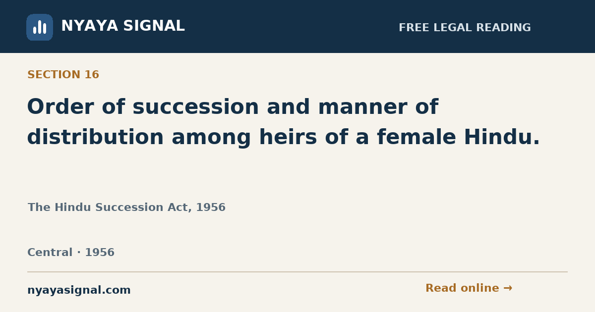 Section 16 — Order of succession and manner of distribution among heirs of a female Hindu. | The Hindu Succession Act, 1956 | NYAYA SIGNAL