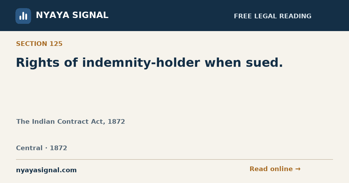 Section 125 — Rights of indemnity-holder when sued. | The Indian Contract Act, 1872 | NYAYA SIGNAL