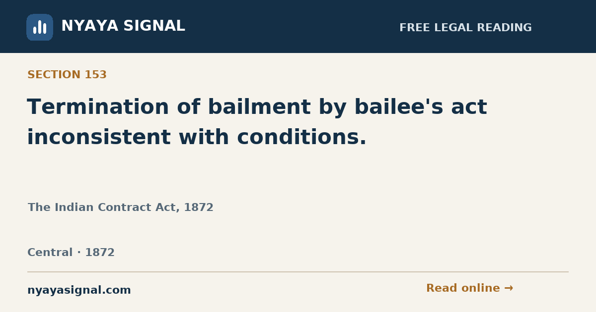 Section 153 — Termination of bailment by bailee's act inconsistent with conditions. | The Indian Contract Act, 1872 | NYAYA SIGNAL