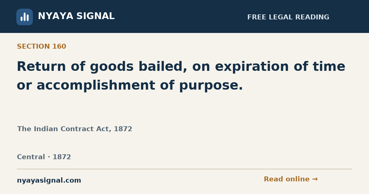 Section 160 — Return of goods bailed, on expiration of time or accomplishment of purpose. | The Indian Contract Act, 1872 | NYAYA SIGNAL