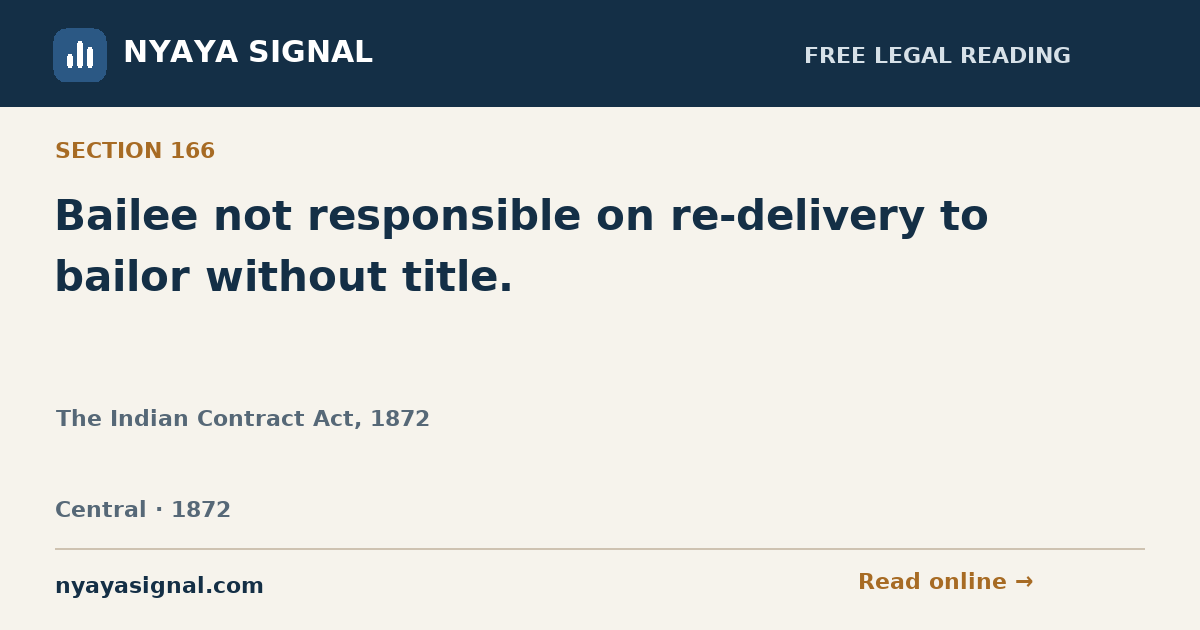 Section 166 — Bailee not responsible on re-delivery to bailor without title. | The Indian Contract Act, 1872 | NYAYA SIGNAL