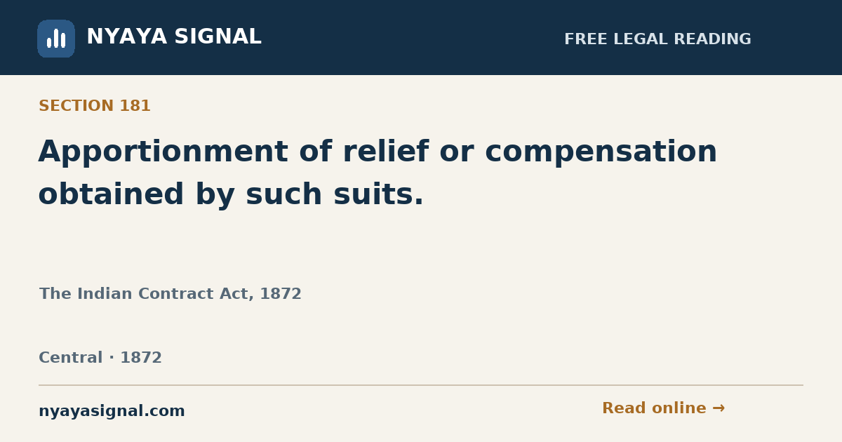 Section 181 — Apportionment of relief or compensation obtained by such suits. | The Indian Contract Act, 1872 | NYAYA SIGNAL