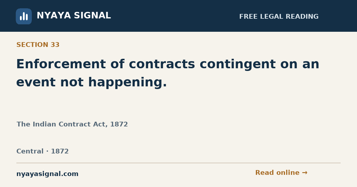 Section 33 — Enforcement of contracts contingent on an event not happening. | The Indian Contract Act, 1872 | NYAYA SIGNAL