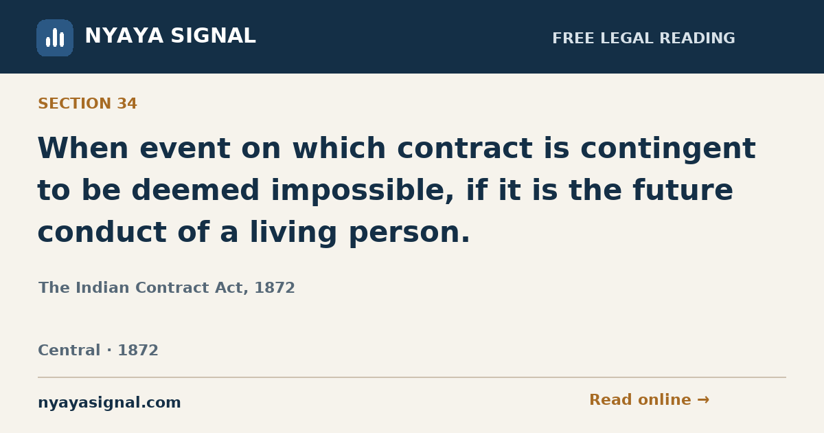 Section 34 — When event on which contract is contingent to be deemed impossible, if it is the future conduct of a living person. | The Indian Contract Act, 1872 | NYAYA SIGNAL