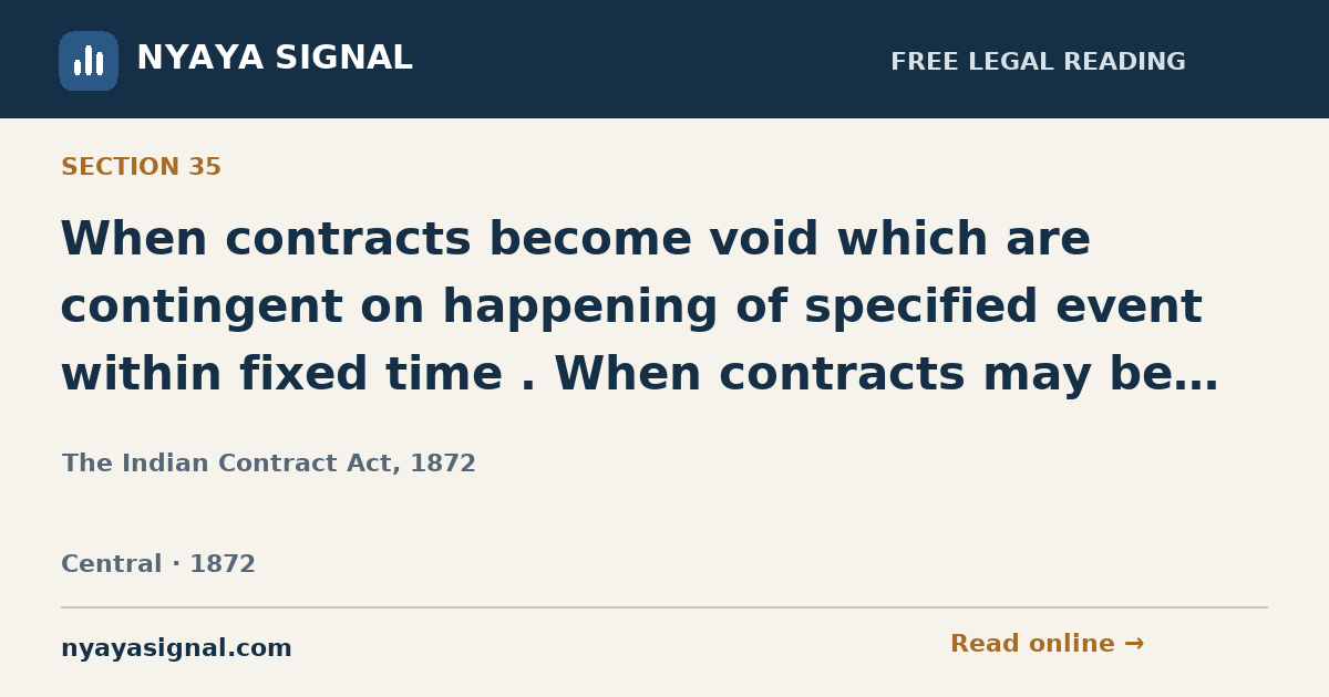 Section 35 — When contracts become void which are contingent on happening of specified event within fixed time . When contracts may be enforced, which are contingent on specified event not happening within fixed time. | The Indian Contract Act, 1872 | NYAYA SIGNAL