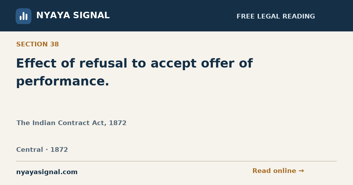 Section 38 — Effect of refusal to accept offer of performance. | The Indian Contract Act, 1872 | NYAYA SIGNAL