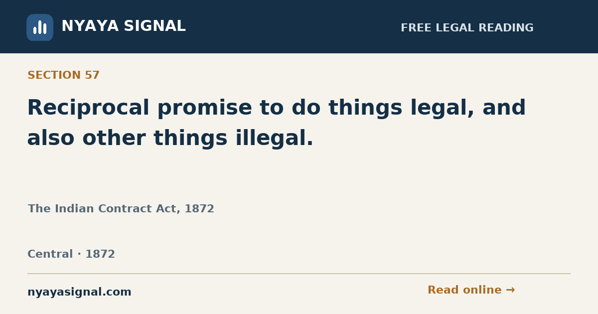 Section 57 — Reciprocal promise to do things legal, and also other things illegal. | The Indian Contract Act, 1872 | NYAYA SIGNAL