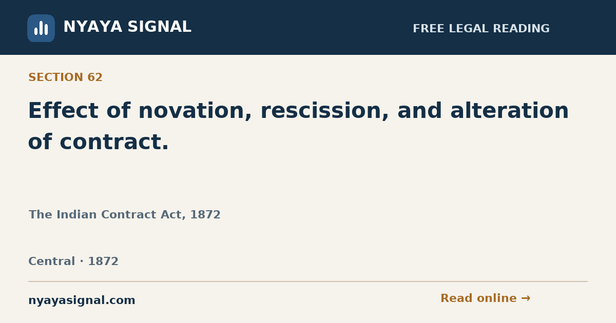Section 62 — Effect of novation, rescission, and alteration of contract. | The Indian Contract Act, 1872 | NYAYA SIGNAL