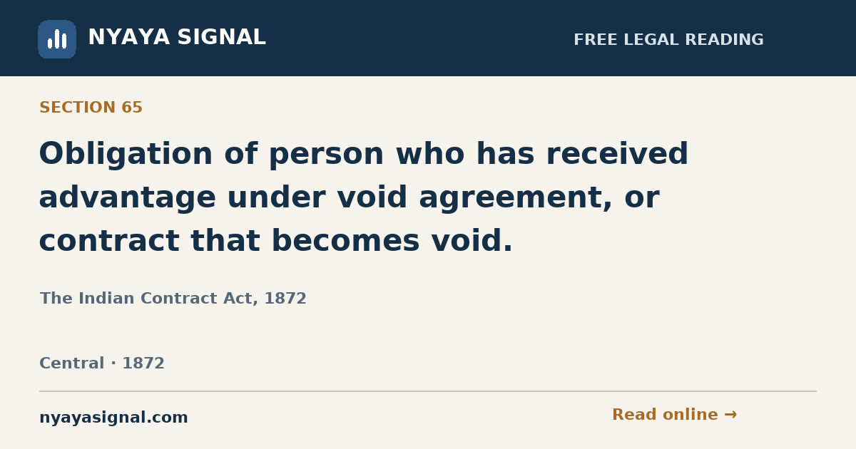 Section 65 — Obligation of person who has received advantage under void agreement, or contract that becomes void. | The Indian Contract Act, 1872 | NYAYA SIGNAL