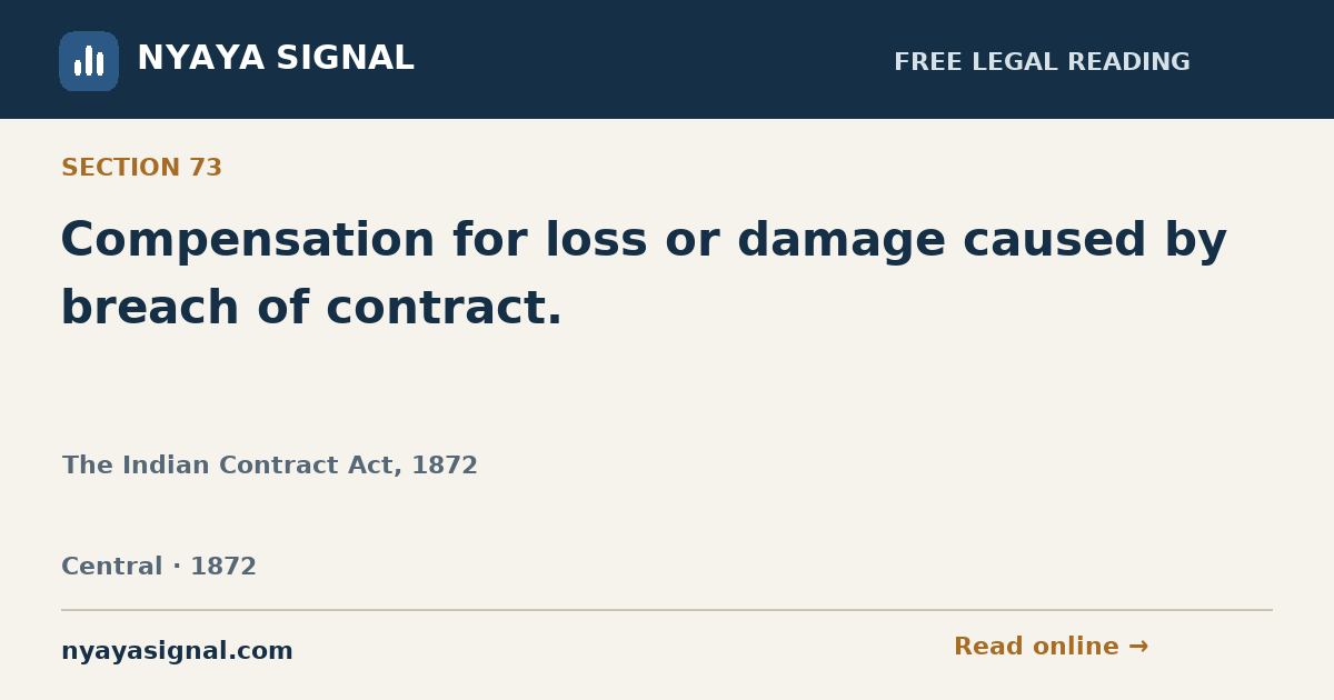 Section 73 — Compensation for loss or damage caused by breach of contract. | The Indian Contract Act, 1872 | NYAYA SIGNAL