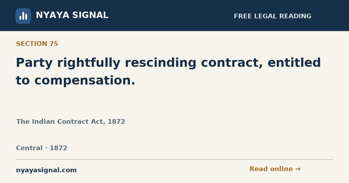 Section 75 — Party rightfully rescinding contract, entitled to compensation. | The Indian Contract Act, 1872 | NYAYA SIGNAL