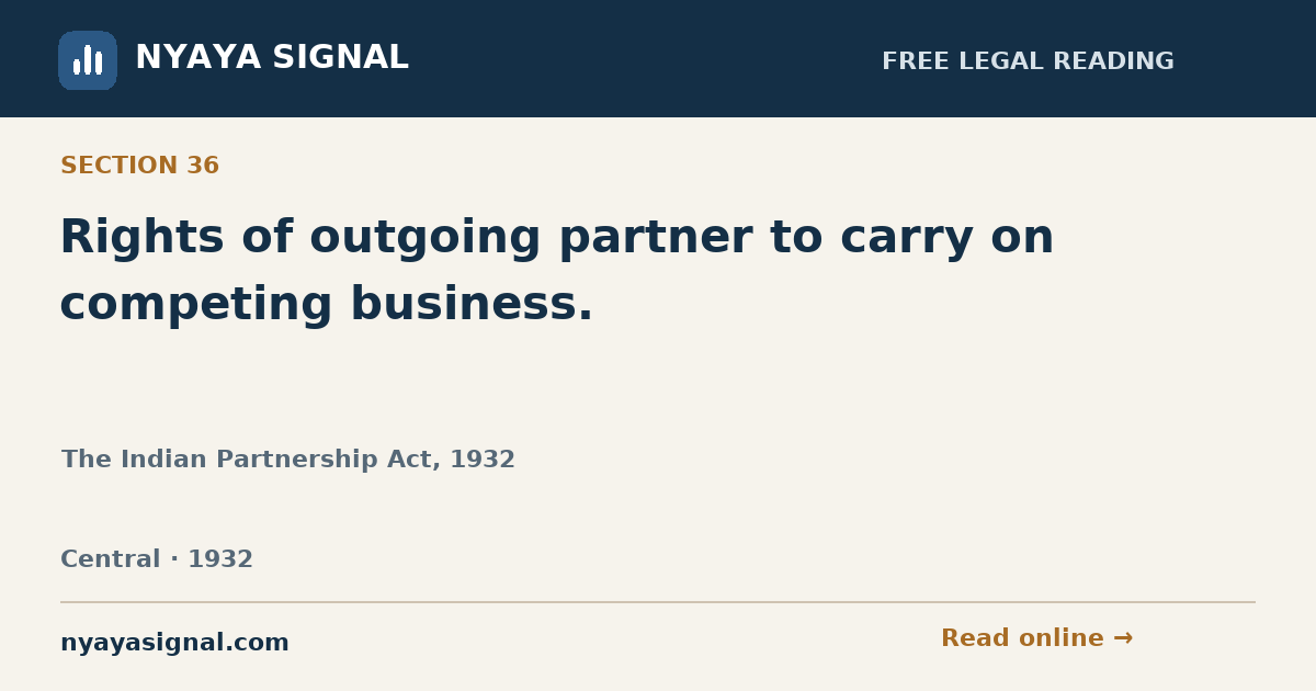 Section 36 — Rights of outgoing partner to carry on competing business. | The Indian Partnership Act, 1932 | NYAYA SIGNAL
