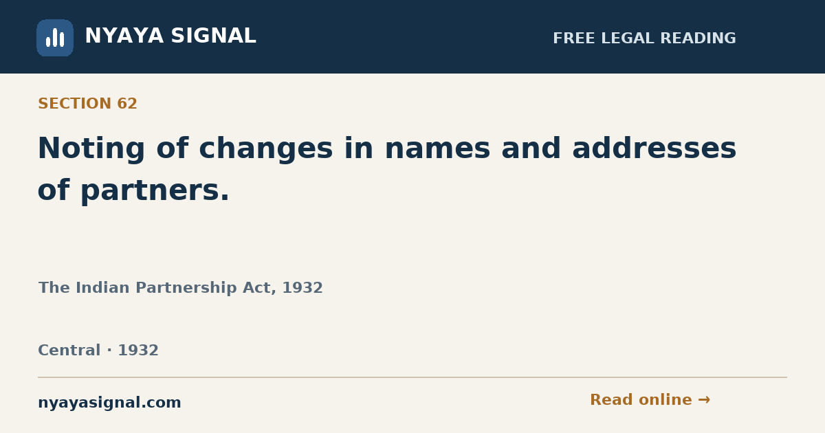 Section 62 — Noting of changes in names and addresses of partners. | The Indian Partnership Act, 1932 | NYAYA SIGNAL