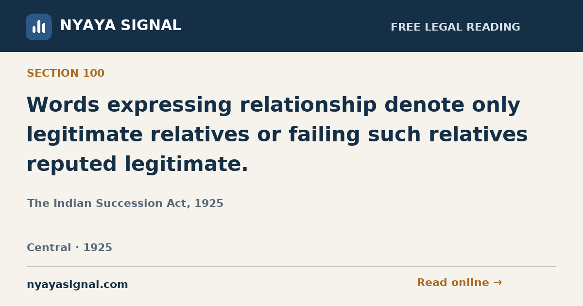 Section 100 — Words expressing relationship denote only legitimate relatives or failing such relatives reputed legitimate. | The Indian Succession Act, 1925 | NYAYA SIGNAL