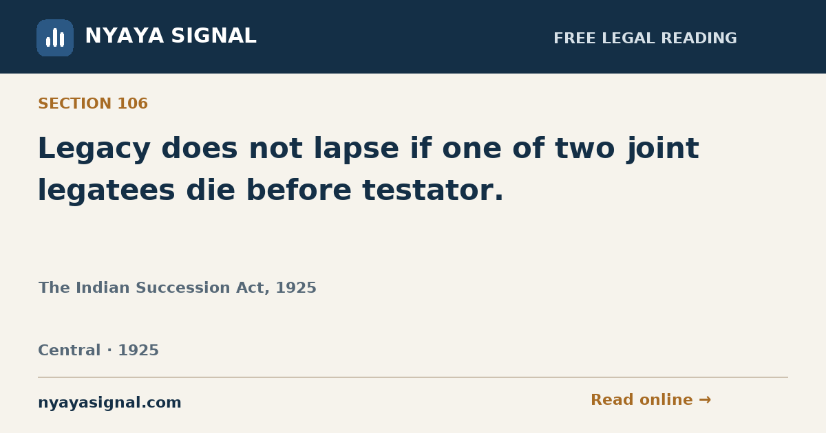 Section 106 — Legacy does not lapse if one of two joint legatees die before testator. | The Indian Succession Act, 1925 | NYAYA SIGNAL