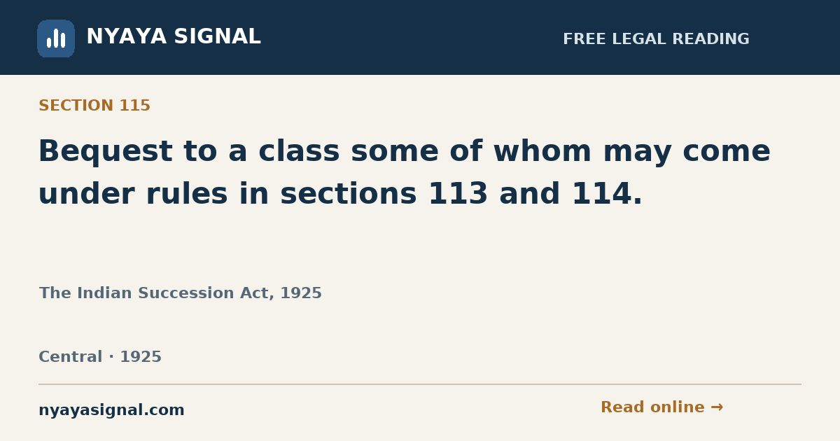 Section 115 — Bequest to a class some of whom may come under rules in sections 113 and 114. | The Indian Succession Act, 1925 | NYAYA SIGNAL
