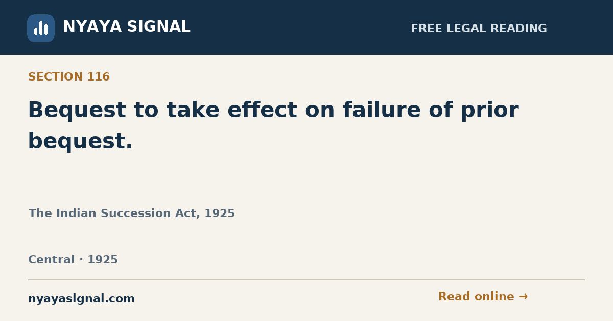 Section 116 — Bequest to take effect on failure of prior bequest. | The Indian Succession Act, 1925 | NYAYA SIGNAL