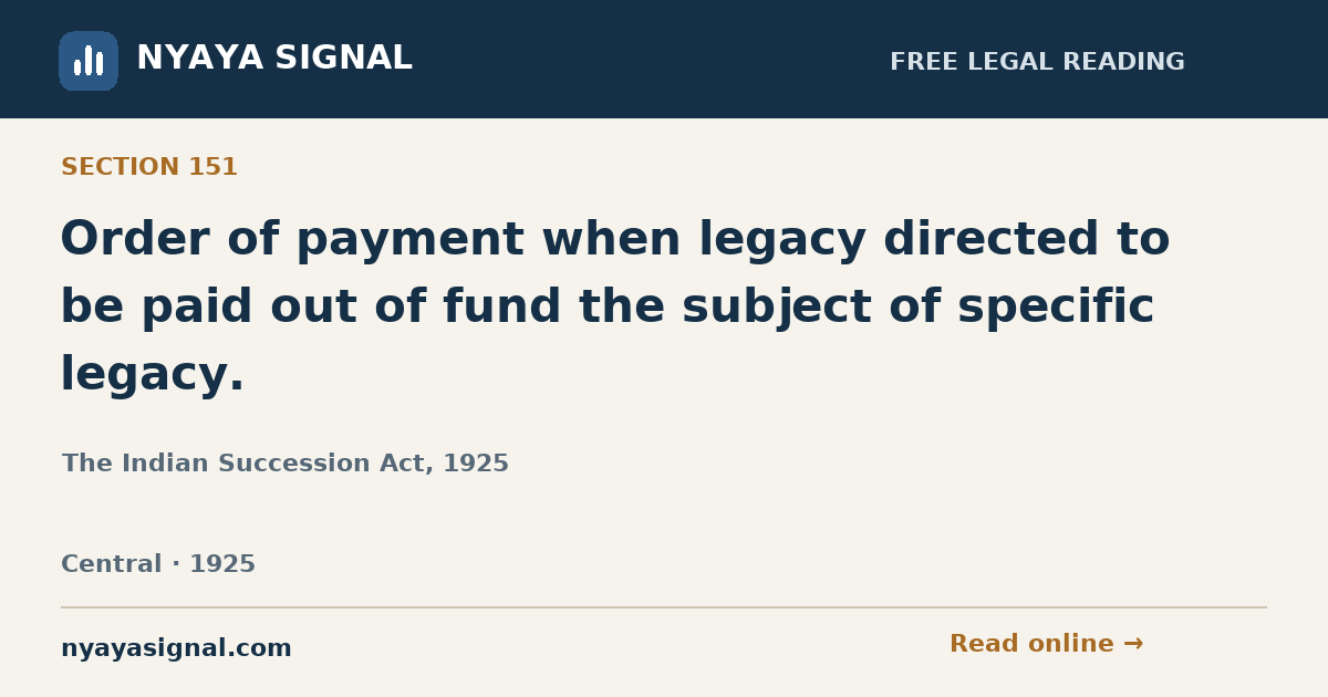 Section 151 — Order of payment when legacy directed to be paid out of fund the subject of specific legacy. | The Indian Succession Act, 1925 | NYAYA SIGNAL