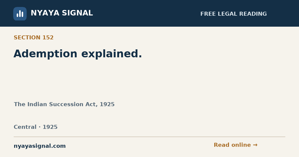 Section 152 — Ademption explained. | The Indian Succession Act, 1925 | NYAYA SIGNAL