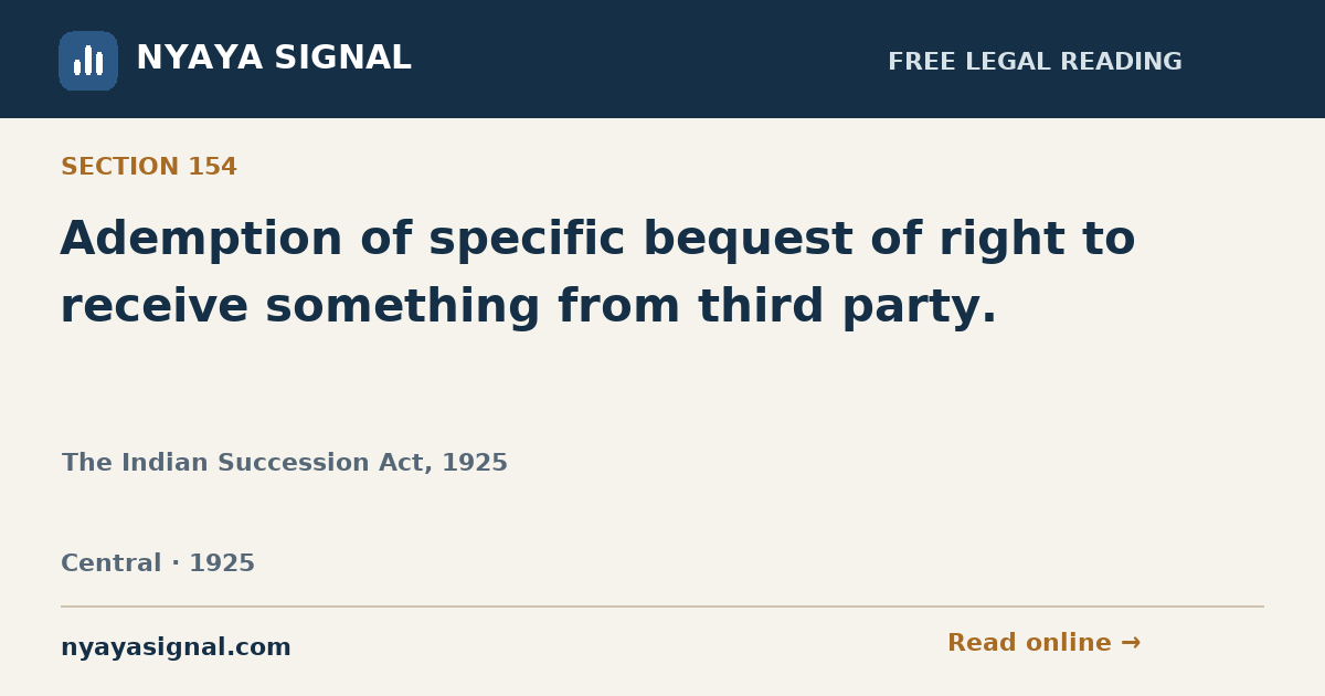 Section 154 — Ademption of specific bequest of right to receive something from third party. | The Indian Succession Act, 1925 | NYAYA SIGNAL