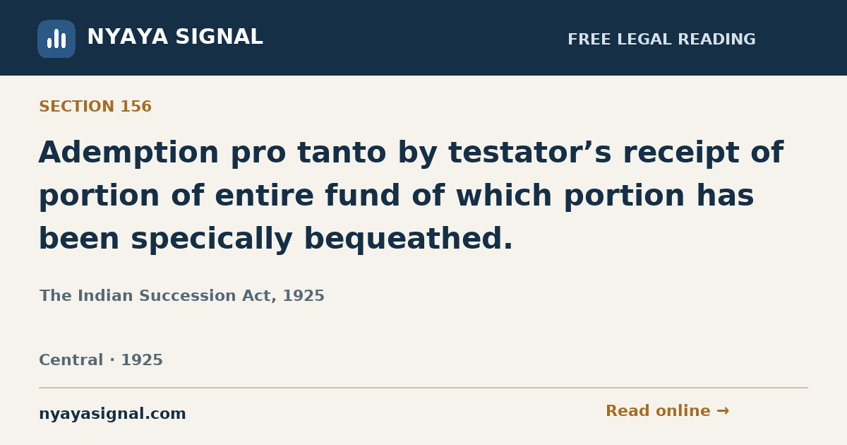 Section 156 — Ademption pro tanto by testator’s receipt of portion of entire fund of which portion has been specically bequeathed. | The Indian Succession Act, 1925 | NYAYA SIGNAL