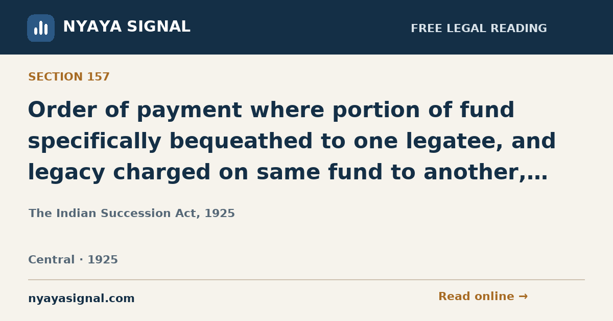 Section 157 — Order of payment where portion of fund specifically bequeathed to one legatee, and legacy charged on same fund to another, and, testator having received portion of that fund, remainder insufficient to pay both legacies. | The Indian Succession Act, 1925 | NYAYA SIGNAL