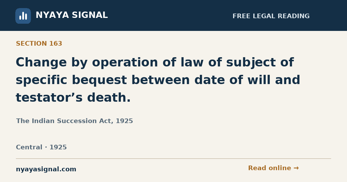 Section 163 — Change by operation of law of subject of specific bequest between date of will and testator’s death. | The Indian Succession Act, 1925 | NYAYA SIGNAL