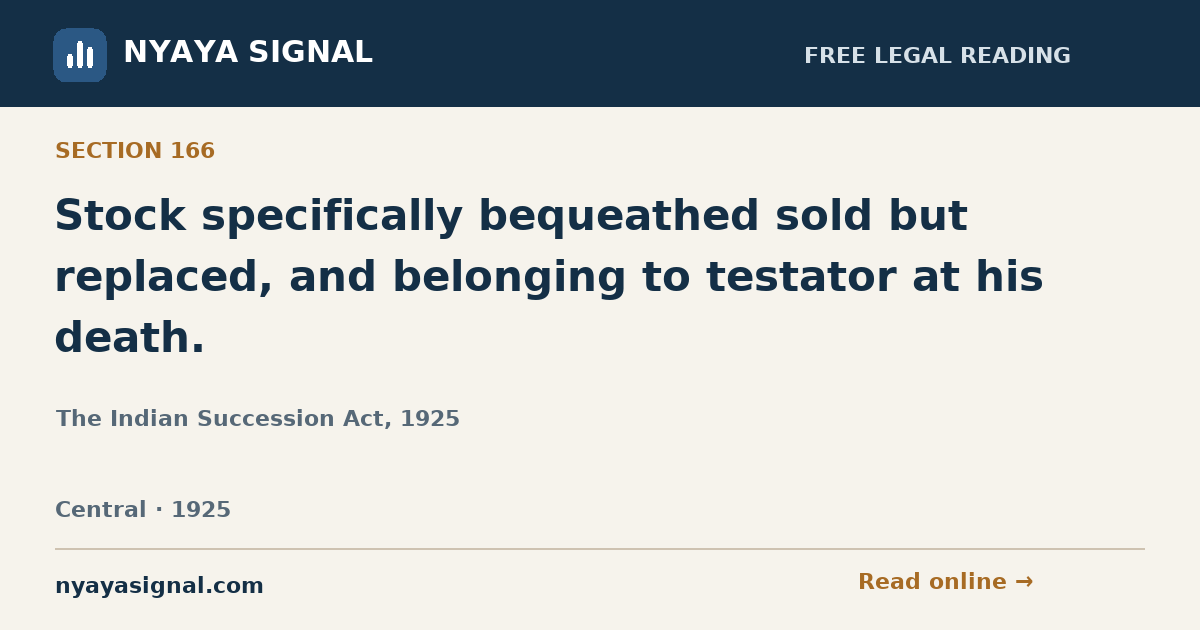 Section 166 — Stock specifically bequeathed sold but replaced, and belonging to testator at his death. | The Indian Succession Act, 1925 | NYAYA SIGNAL