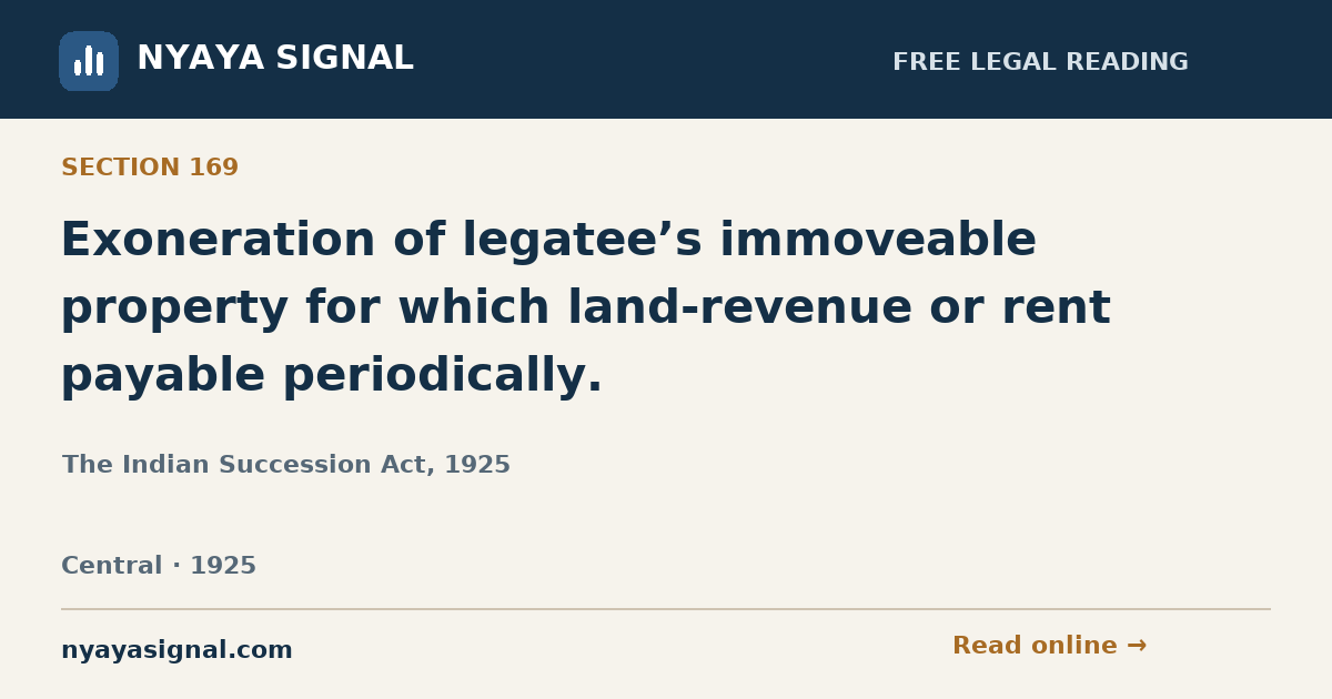Section 169 — Exoneration of legatee’s immoveable property for which land-revenue or rent payable periodically. | The Indian Succession Act, 1925 | NYAYA SIGNAL