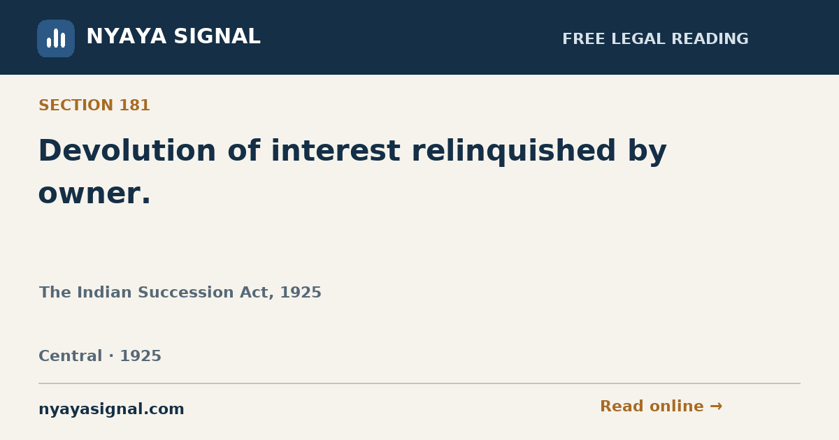 Section 181 — Devolution of interest relinquished by owner. | The Indian Succession Act, 1925 | NYAYA SIGNAL