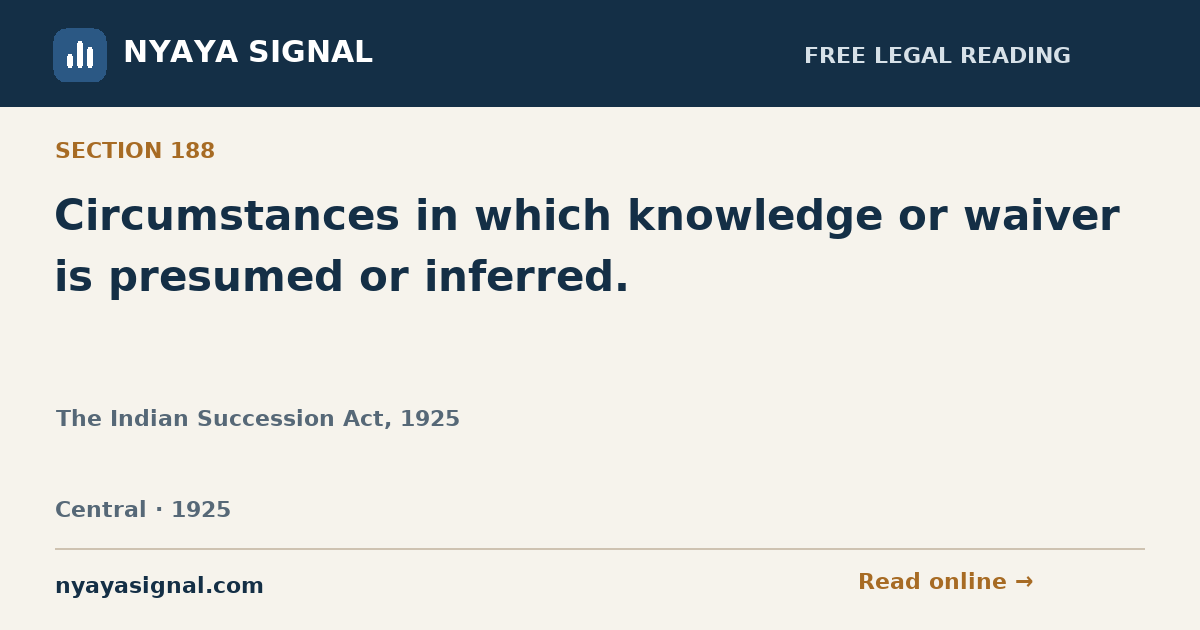 Section 188 — Circumstances in which knowledge or waiver is presumed or inferred. | The Indian Succession Act, 1925 | NYAYA SIGNAL